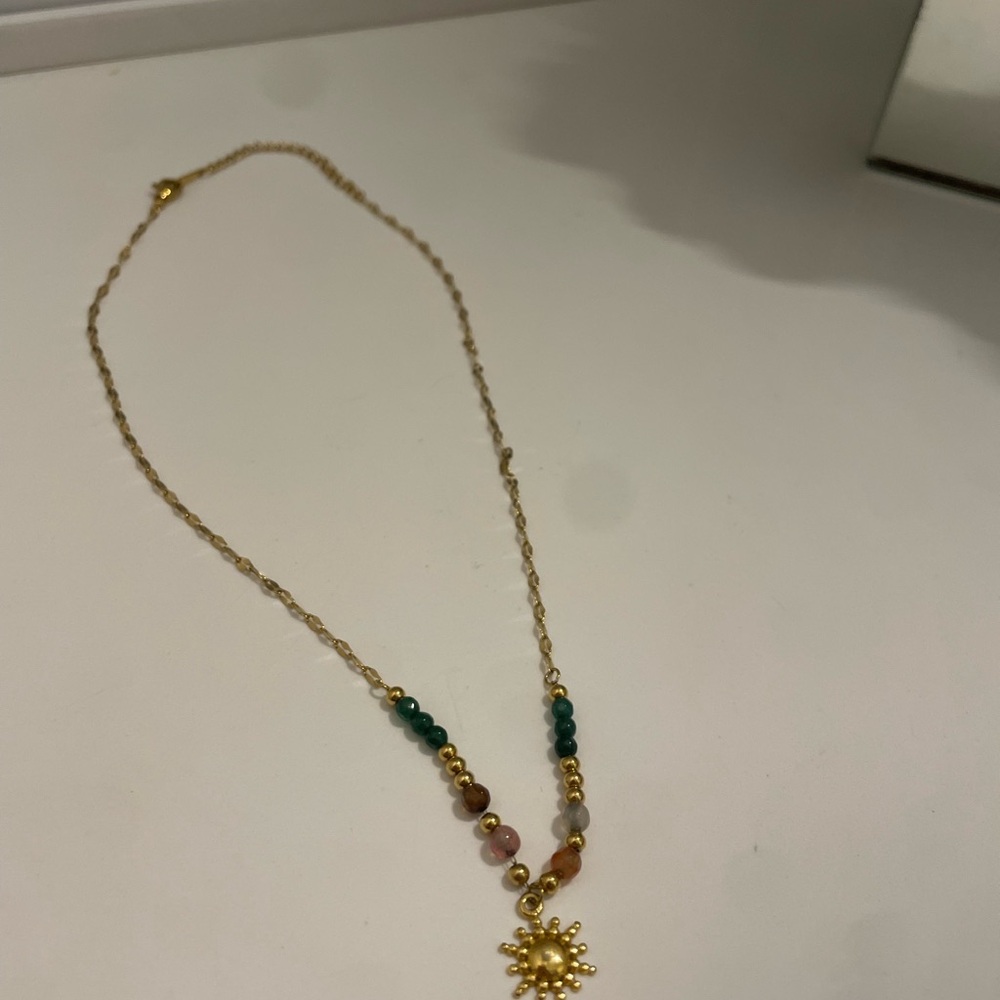 Gold and Green Beaded Necklace with Sun Pendant